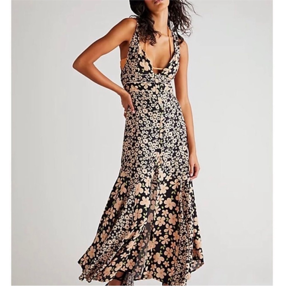 Free People Dewberry, Black & Peach Floral, Tiered, Ruffled Maxi Dress - NWOT